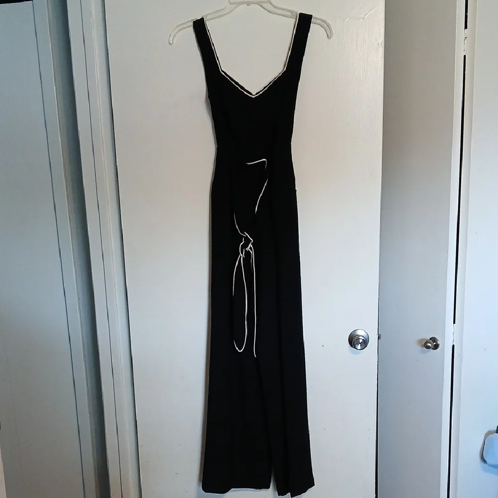 Anthropologie Black Jumpsuit with White Piping and Waist Tie - Picture 1 of 7